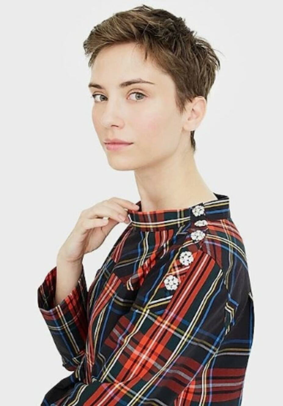 J. Crew Jewel Button Funnel Neck Tartan Plaid Top Size 14